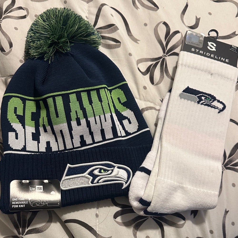 NFL Seahawks Navy and Green Beanie with White Socks